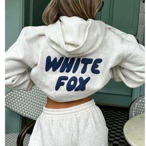 White Fox Boutique White and Navy Hoodie